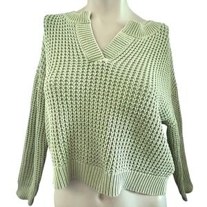 Haute Hippie Style Cotton Knit V Neck Pullover Sweater Medium Green Cabincore